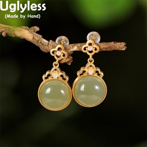 Uglyless Oriental Charming Hollow Ethnic Earrings for Women Natural Jade Nephrite Brincos Real 925 Silver Studs Vintage Jewelry