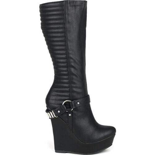 Fashion Women Back Metal Chains Embossed Leather Super Wedge Heels Boots Pointed Toe High Platform Spring Black Motorcycle Boots