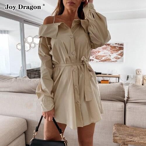 Women Shirt Dress 2021 Fashion Autumn Casual Mini Long Sleeve Solid Color Sexy Elegant Off Shoulder Black Slip Party Dresses