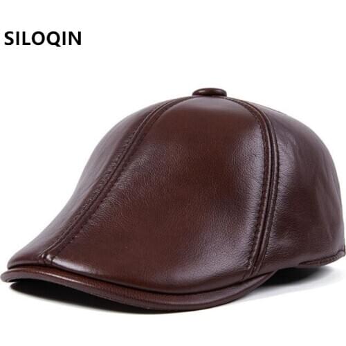 SILOQIN winter mens cowhide leather berets hat genuine leather cap new thick velvet warm winter hat for the elderly dads hats