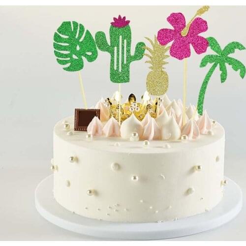 12pcs Jungle Tropical Party Cake Topper Hawaii Fruit Pineapple Flamingo Turtle Leaf Cake Flag Summer Party Baking Decoration