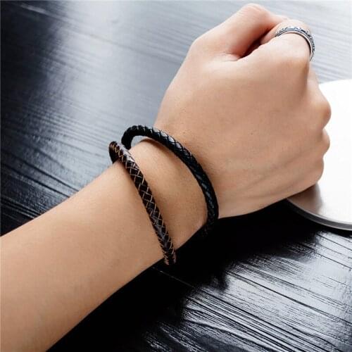 Magnetic Buckle European American Gifts For Men Stainless Steel Black Men Bracelet DIY Weave PU Leather 200MM Jewelry 2021 Trend