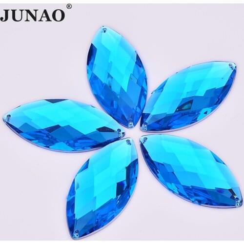 JUNAO 30x62mm Aqua Blue Crystal Big Rhinestones Applique Sew On Horse Eye Stones Acrylic Flat Back Gems for DIY Jewelry Crafts