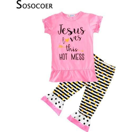 SOSOCOER Kids Girl Clothing Sets Summer Pink Heart Letter T Shirt+Polka Dot Stripe Pants 2017 2pcs Baby Girls Clothes Outfit Set