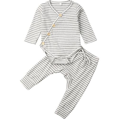 Newborn Baby Girl Boy Knitted Stripe Clothing Set Long Sleeve Romper Top Pants Leggings Outfits Clothes Cotton