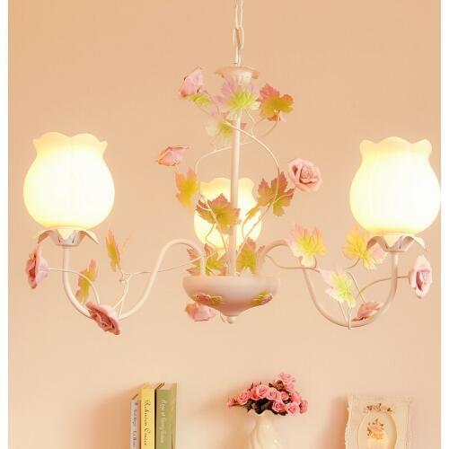 Pastoral style Korean wrought iron pendant light pink rose flower bedroom dining room hanging lighting lamp