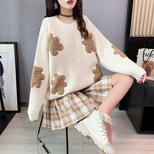Korean loose Sweater Bear Print Kawaii Pullovers knitting Jumpers winter long-sleeved sweater