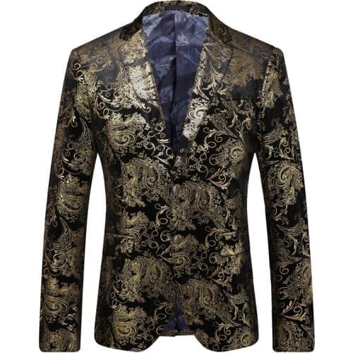 Printed Gold Mens Suit Gold Stamp Long Sleeve Suit Jacket Men Slim Blazer Jacket Dress Performance Clothing Two Button Coat