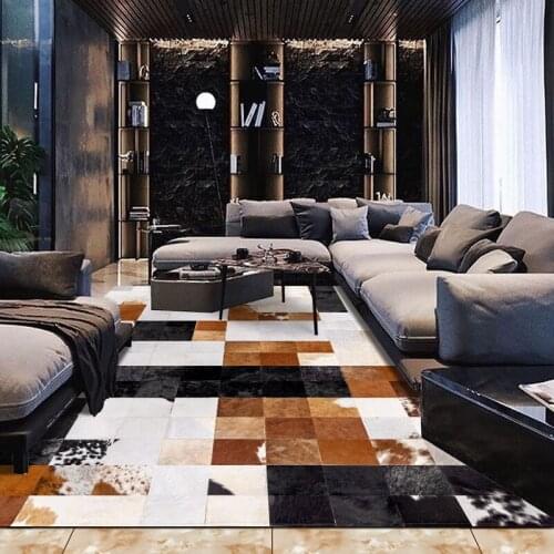 American style cowhide patchwork rug , big size genuine cow skin fur carpet, brown plaid decorative fur living room rug