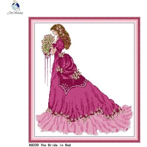Bride in red full dress Patterns Cross Stitch 11CT Printed Fabric 14CT Counted Canvas DMC Embroidery Thread Sets Needlework