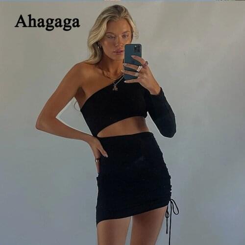 Ahagaga 2021 Summer Mini Dress Women Fashion One Shoulder Hollow Out Sheah Bodycon Skew Collar Bandage Female Dresses Vestidos