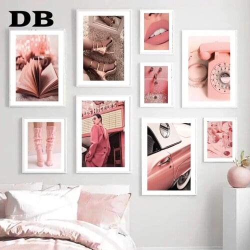 Fashion Girl Pink High Heels Car Phone Lips Diamond Nordic Poster Wall Art Print Canvas Painting Decor Pictures For Living Room