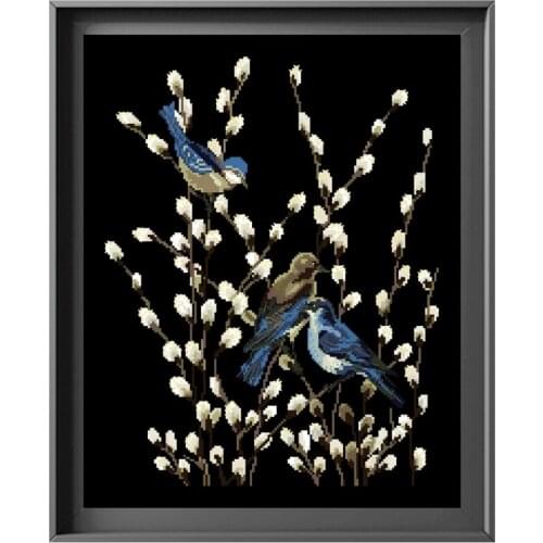 Spring buds and birds cross stitch kit pattern design 18ct 14ct 11ct black canvas embroidery DIY needlework