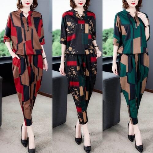New Fashion Middle-aged Mothers Summer Sets Plus size 4XL Loose Print Short-sleeve Top+Harem pants Middle-aged Two-piece suit