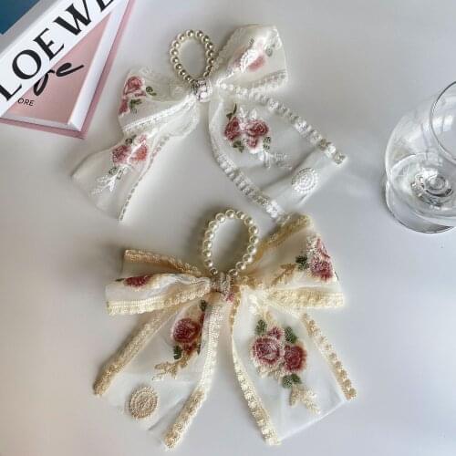 New Womens Hair Rope Lace Pearl Big Bow Hair Rope Elegant Hair Ring with Mesh Girls Hair Accessories Headbands