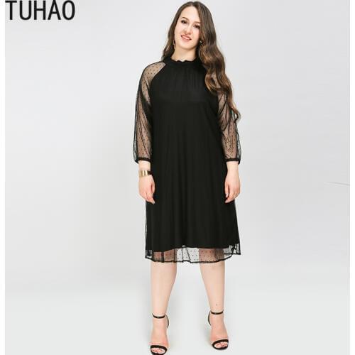 TUHAO Mesh Polka Dot Sleeve Dress Spring and Summer Raunway Large Size 8XL 7XL 6XL Nightclub Party Female Dresses oversize WM68