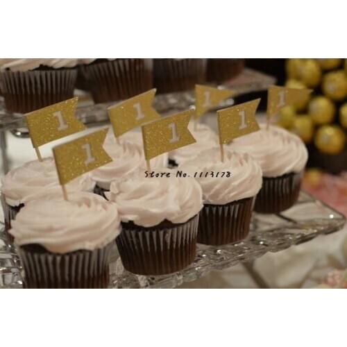 Custom number flag Birthday Cupcake toppers, Glitter gold wedding toothpicks Bridal baby shower party decor toothpicks