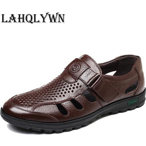 Men Genuine Leather Sandals Summer Cow Leather For Beach Breathable Fisherman Shoes Slipper Style Soft Bottom H327