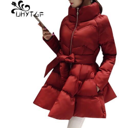 UHYTGF New Arrival Down Jacket Warm Coat Jacket Parkas For Women Winter Women Down Parka Bow Waist Fluffy Skirt Style Coat 979