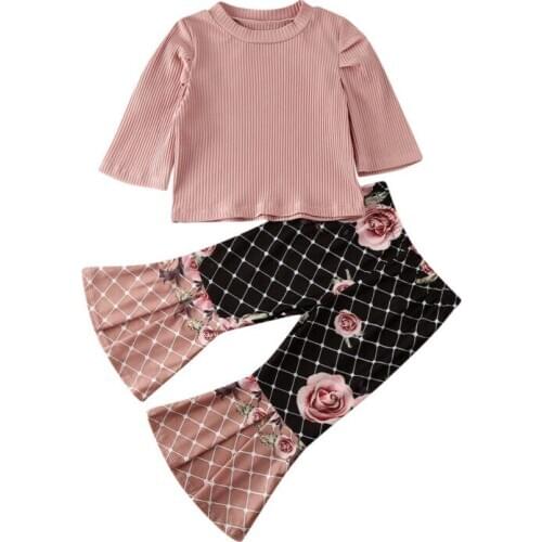 Flower Toddler Kids Baby Girls Spring Clothes Set Pink Long Sleeve Tops T-shirt Flare Pants Bell Bottoms Outfits Tracksuit