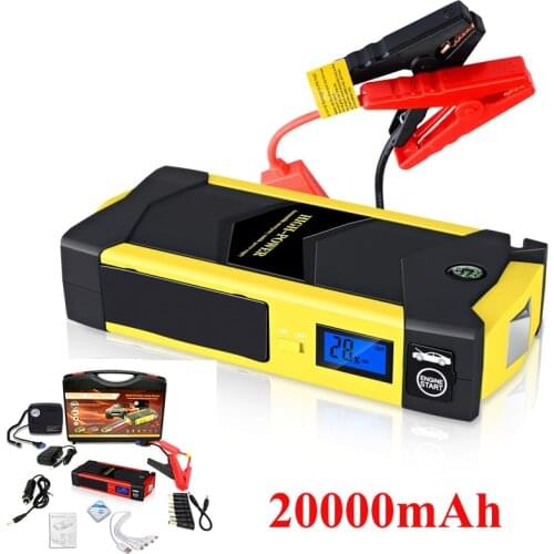 20000mAh Car Jump Starter Power Bank Portable Charger 4 USB Car Battery Power Bank with LCD Screen LED Flashlight Safety Hammer