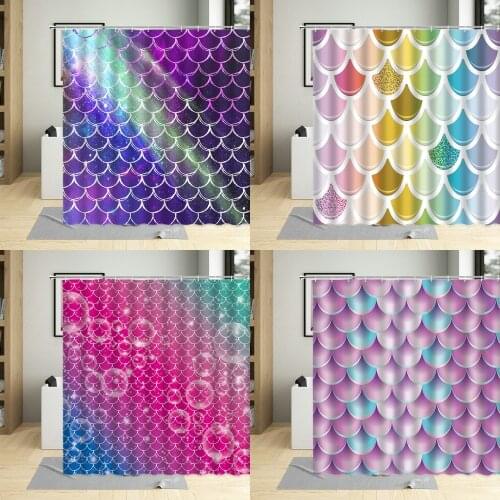 Waterproof Bathroom Mermaid Scales Geometric Rhombus Shower Curtain Set Polyester Fabric Bathtub Curtains For Girls Decor Cloth