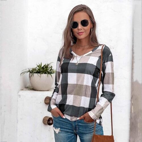 Women Long Sleeve V-Neck Plaid T-Shirt Pullover Loose Sweatshirt Fashion Casual Female Tops