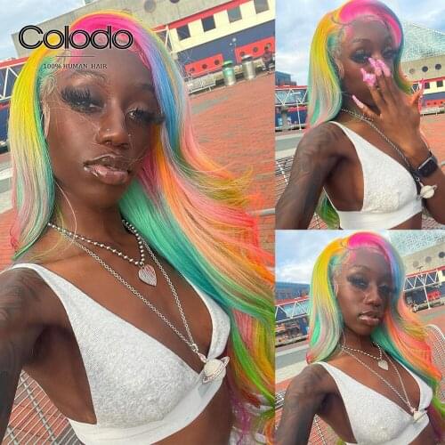 Pink Roots Yellow Green Rainbow Human Hair Wigs with Baby Hair Pre Plucked Lace Front Human Hair Wigs for Women COLODO