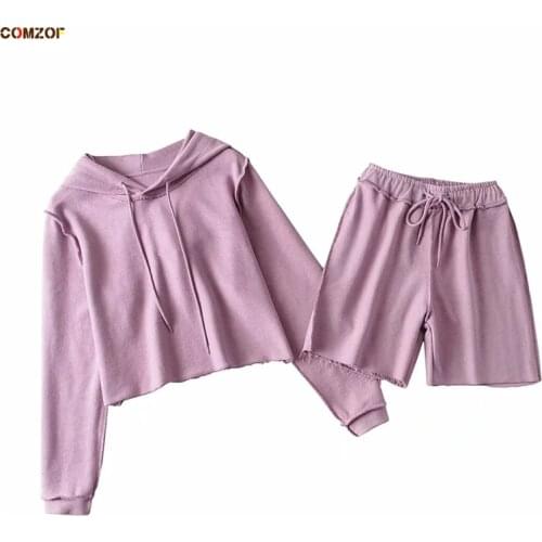 Hoodie+Shorts Women Streetwear 2 Piece Set INS Long Sleeve Crop Top Casual Suits Clothing Harajuku Ensemble Femme