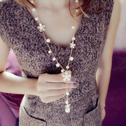 Famous camellia pearl long necklace multilayer rose flower sweater chain necklace for woman party