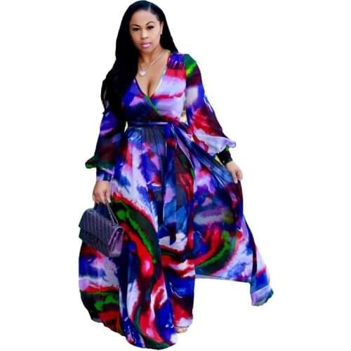 Womens Beach Chiffon Print Long Dress V-neck Long Sleeve Loose Skinny Dress Bohemian Casual Large Size Dress S-3XL-5XL