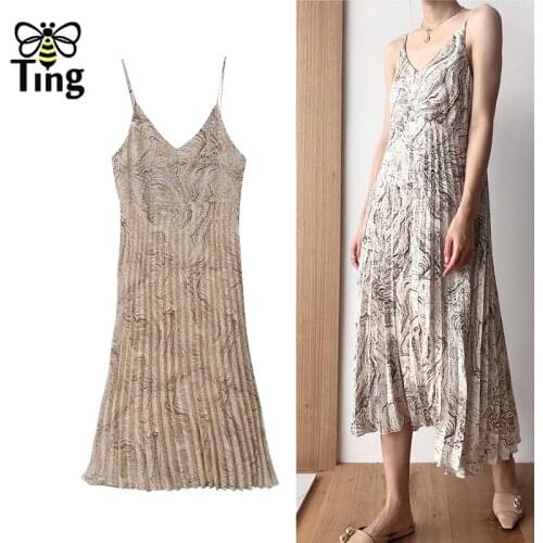 Tingfly Summer Women Casual Vintage Floral Pleated Midi Dress Sexy V Neck Straps Sundress France Street Chic Vestidos Zaful Robe