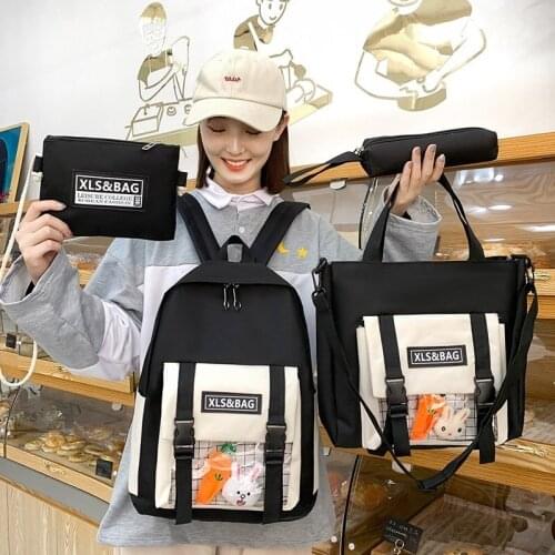 4 Pcs Set Backpacks Casual School Bag For Teenage Girls Women Backpack Student Cute Canvas Shoulder Bags Kawaii Kids Book Bag