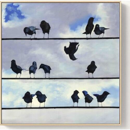 Abstract Art Black Birds on the Line Oil Painting on Canvas Posters and Prints Wall Art Pictures for Living Room Nordic Decor