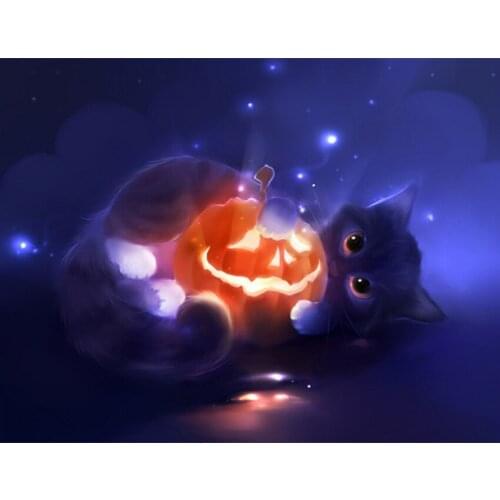 Needlework Halloween Decor Diamond Painting Pumpkin and Cat 5D DIY Diamond Painting 5013 Partial Drill 30x25 Wall Ornament Round