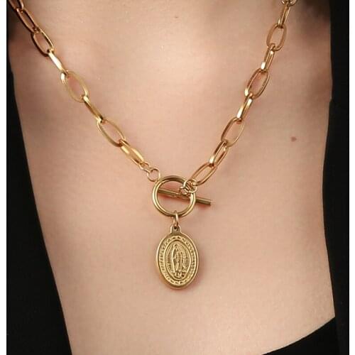 Virgin Mary Medallion Necklace For Women Stainless Steel Toggle Necklace Gold/Silver Color Metal Virgen Maria Coin Collier