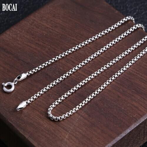 BOCAI new solid S925 sterling silver jewelry Thai silver style 2MM all-match square box chain simple men and women necklace