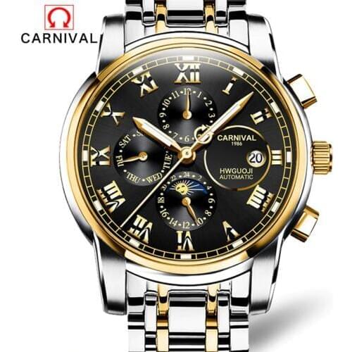 CARNIVAL Business Watch Men Automatic Luminous Clock Men Waterproof Mechanical Watch Top Brand Moon Phase Relogio Masculino 2021