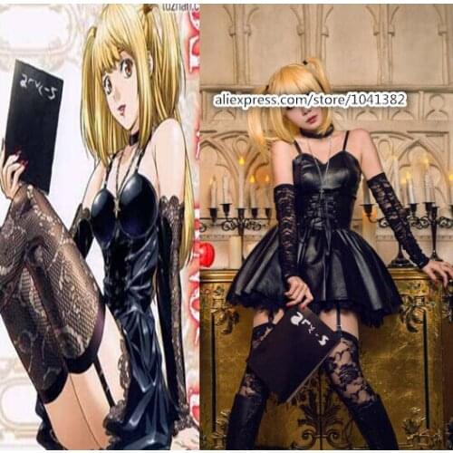 Death Note Misa Amane Black dress with gloves stockings neckwear Cosplay Costume
