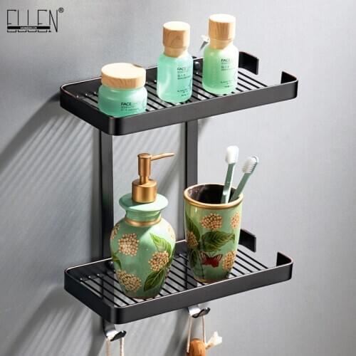 Black Bathroom Corner Shelves 2 Layer Solid Copper Oil Rubble Bronze Wall Bathroom Shelf Shampoo Storage Accessories Shelves F46