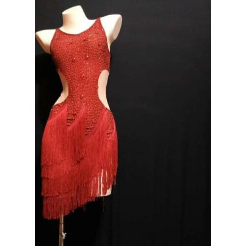 Classical Women Rhinestone Tassels Dancer Costumes Womens Fashion Red Latin Short Skirt Female Elegant Performance Clothing