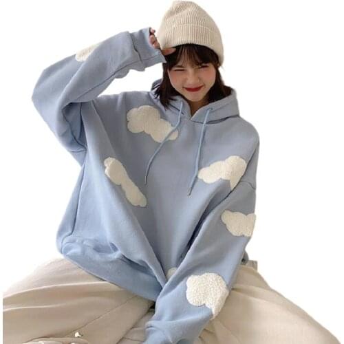 Fashion EE Korean Sweatshirt Women Winter Clouds Hoodies Woman Plus Velvet Warm Long Sleeve Top Casual Kawaii Female Pullover