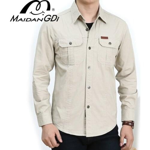 Shirts For Men 2020 Summer Long Sleeved Solid Color Tops males Slim Military Army Shirt 100% Solid Cotton Tops Mens Shirts