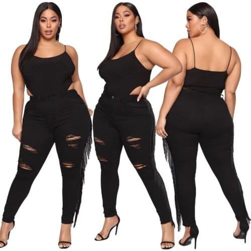 New Arrivals Women Plus Size S-5XL Ripped Jeans Streetwear High Waist Ladys Hollow Out Tassels 2021 Autumn Denim Pencil Pants