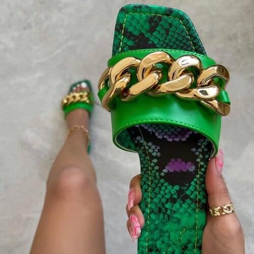 Womens Summer Sandals Slippers Metal Decorative Square Head Flat Heel Outdoor Beach Comfortable Leopard Slides Female Plus Size