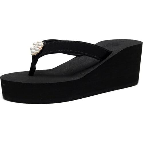 High-Heel Slippers Female Summer Non-Slip Six-Bead Diamond Herringbone Outdoor Flip-Flops Slope-Heel Non-slip Beach Women Shoes
