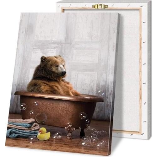 Nordic Bear In The Tub Posters and Prints Canvas Painting Wall Art Picture for Living Room Home Decoration with Frame