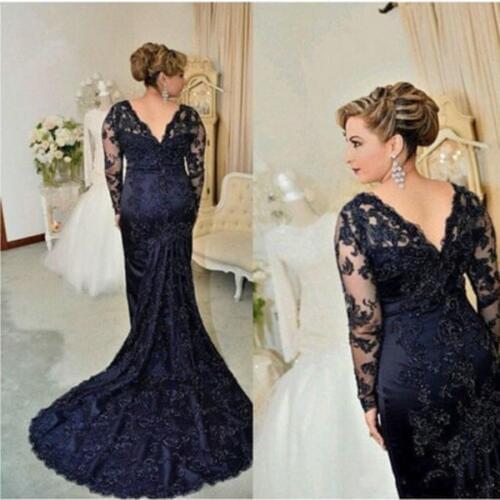 Navy Blue Mother Of The Bride Dresses Mermaid V-neck Long Sleeves Appliques Beaded Long Groom Mother Dresses For Weddings