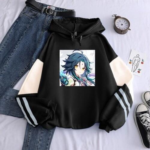Harajuku Open World Adventure Game Genshin Impact Xiao Kawaii Cartoon Hoodies Men Women Long Sleeve Winter Patchwork Sweatshirts