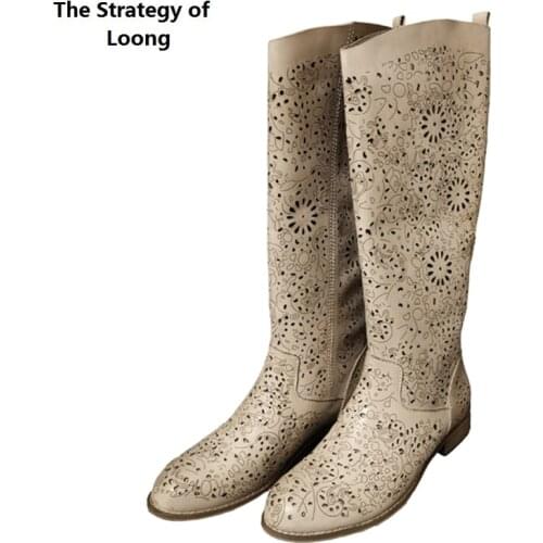 Spring Autumn Genuine Leather Cut Out Sexy Long Boots Pigskin Flat Lady Boots Real Leather Retro Sweet Boots 20161216